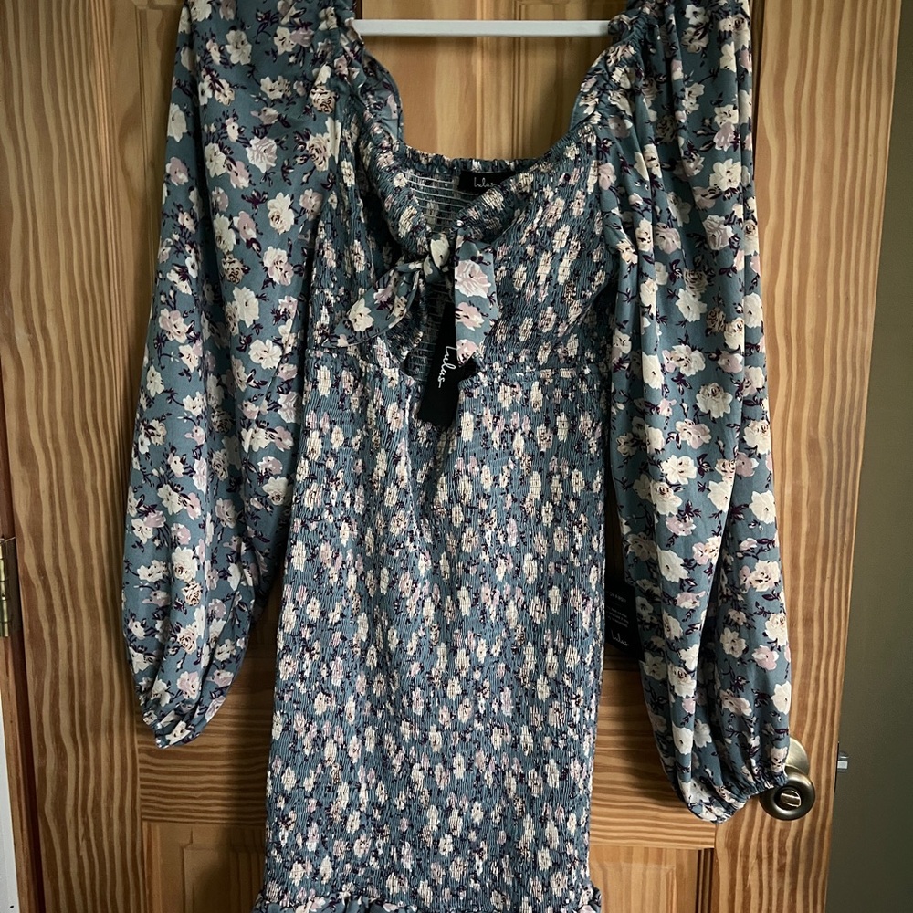 Lulu's Floral Long Sleeve Dress in Blue and Cream
